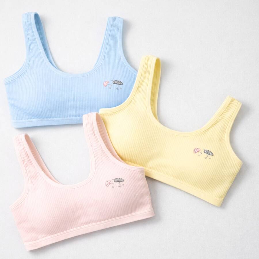 Set Of 3 Girls' Basic Printed Tank Top Bra Set With Removable Padding, Straps, Comfortable, Sizes 8-12 Years - Nhiều màu - Xem 1