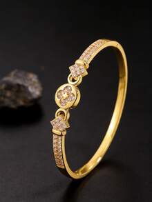 Camhanno 1 pièce - Bracelet en cuivre incrusté de fleurs en zircone. La texture complète en zircone est associée à un anneau circulaire dynamique, dégageant un sentiment de luxe et en faisant une touche de finition parfaite pour les tenues de tous les jours. - Doré - Voir 1