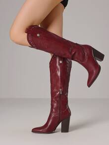 Women Knee High Western Cowboy Boots Embroidered Cowgirl Boots Studded Tall Boots Block Heel Pointed Toe Western Style Country Concert Rodeo Festival Fall Winter Outfit Boots - Burgundy - View 3