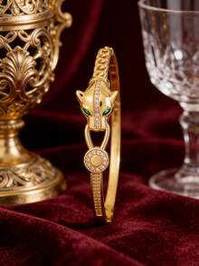 Camhanno 1 Piece - Cheetah Head Bronze Bracelet, The Gold Plating Process Makes The Zirconia Sparkle, The Green-Eyed Cheetah Has A Cool And Stylish Aura, And Is The Perfect Finishing Touch To Your Personal Style. - Gold - View 5