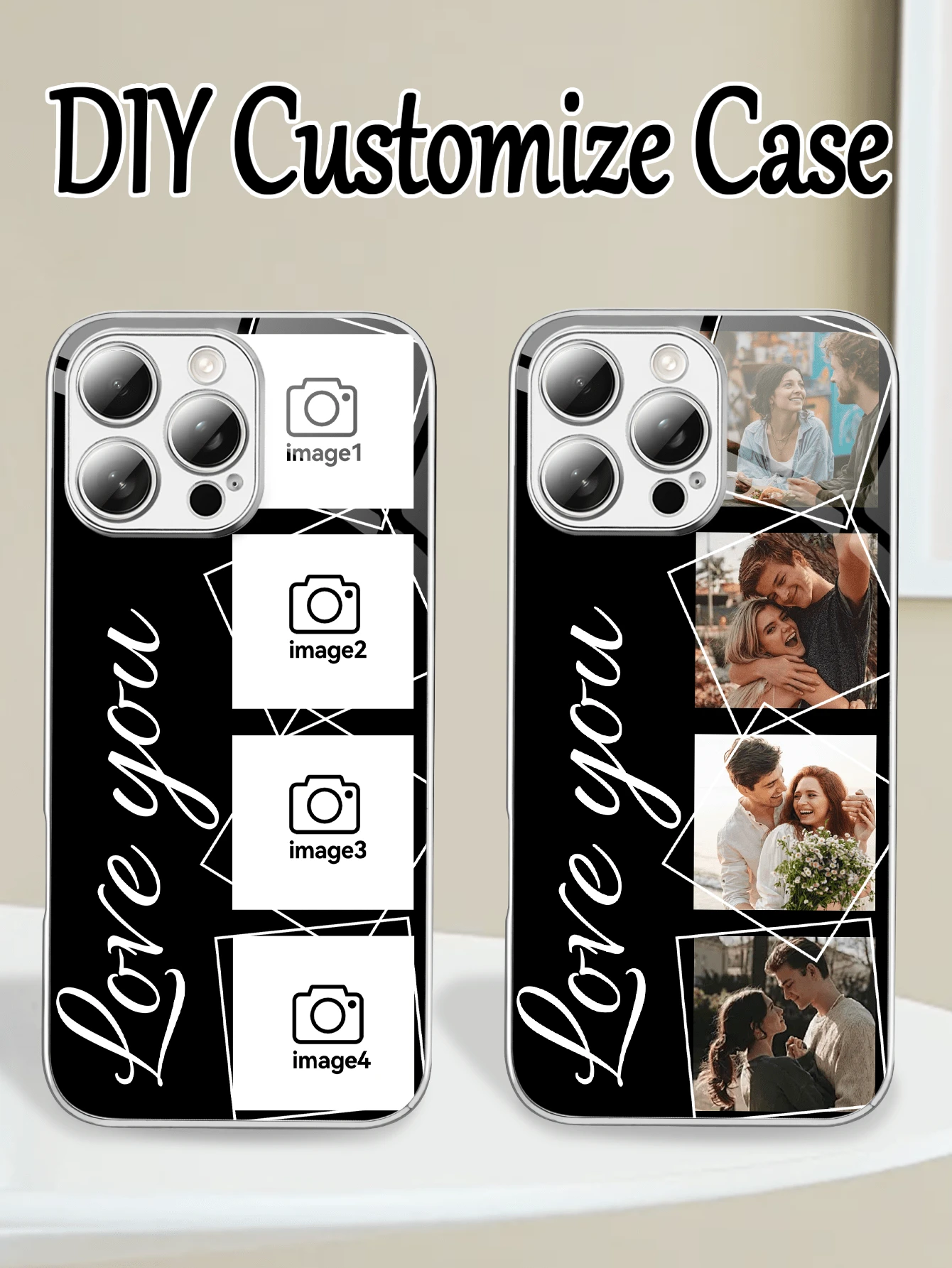 1 Personalized Custom Family And Friend Couple Four Photo Signature Anti Fall All Inclusive Lens, Silver High-Definition Glass Smartphone Protective Case, Simple Style Compatible With IPhone11/12/13/14/15/16pro/16plus/16E/17/17pro/17promax/Air/S25/S25ultra/S25plus/A56/ Other Models Are Suitable For Giving Gifts To Friends - Silver - View 1