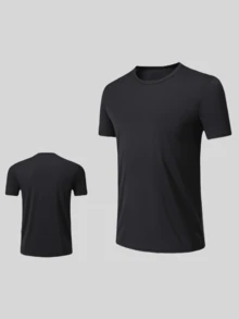 4 件套男士夏季健身速干短袖 T 恤户外运动 T 恤透气马拉松跑步运动上衣情侣套装 - 黑色 - 查看 3