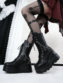 Platform Wedges Ankle Boots For Women Lace-Up Star Metal Hanging Chain Biker Boots Round Toe Side Zipper Y2K Color-Block Cosplay Party Shoes - màu đen - Xem 1
