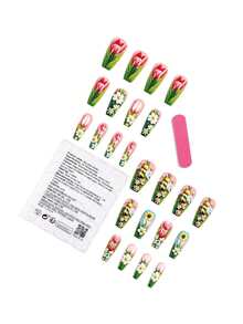 24pcs Spring And Summer Pink Tulips Press On Fake Nails , Cute Bees Nail Set Perfect For Everyday Wear - Multicolor - View 3