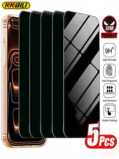 NNBILI 5pcs Privacy Screen Protector Compatible With IPhone 11 12 13 14 15 16 17 Pro Max 14 15 16 Plus 17 Air Series Side View Prevent Peeping Tempered Glass 9H Diamond Hardness - Clarity Anti-Scratch HD Clear Touch Accuracy Privacy For Office/Commute