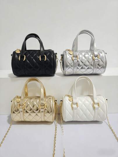 Children's Bag, Embroidered Rhombus Handbag & Shoulder Bag, Holiday Gift, Can Hold Phone, Spring/Autumn New Bag, Half-Round Little Girl Fashion Bag, Princess Bag, Girls' Chain Bag, Fashionable Mini Bag, Super Cute Handbag, Christmas Gift, Birthday Present, Candy Bag, Lipstick Bag, Personalized Small Bag, Street Snack Bag, Accessory Pouch, Bag In Gold, Silver, Black, White