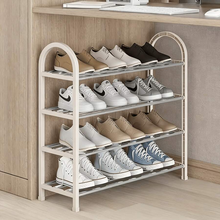 4 Tier Shoe Cabinet, Adjustable Freestanding Shoe Organizer, Stainless Steel Metal Plastic Shoe Rack For Entryway Shoe Storage & Closets, Sturdy Rack Holds 16-20 Pairs, Space-Saving Easy To Install For Hallway Wardrobe Door Bedroom Dorm - 黑色 - 查看 1