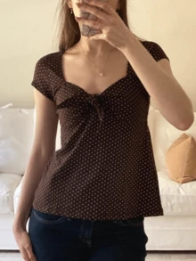 Women Polka Dot Babydoll Shirt Top Bowknot Front Short Sleeve Square Neck Fairy Grunge T Shirts Teen Girl Slim Fit Cute Tee Peplum Tops Summer 2000s Vinatge Aesthetic Clothes Streetwear - 咖啡棕 - 查看 6