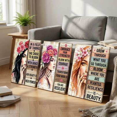 三件套女性力量主题帆布墙画，水彩玫瑰、牡丹和樱花图案，配以精美语录，优雅装饰女性办公室和家居，无框。