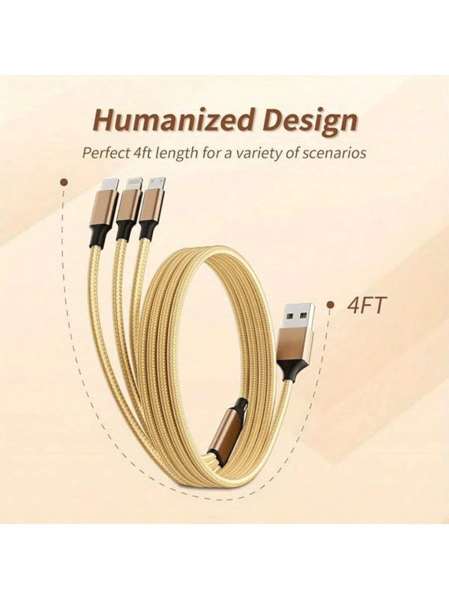 3A 3-In-1 Braided Charging Cable 1.2m Compatible With Iphone 16/16pro/16pro Max/16plus/15/15pro/15plus/15promax Android Type-C, Black/Silver/Red/Gold/Blue - Multicolor - View 1