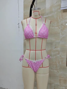 Women's Polka Dot Lace Trim Bikini Set - Halter Neck Triangle Top  Tie Side Thong Bottom, Cute Coquette Aesthetic Two Piece Swimsuit For Beach  Pool - màu đen - Xem 5