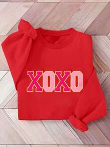 Valentine'S Day Themed XOXO Letter Print Sweatshirt, Women'S Casual Round Neck Long Sleeve Knit Polyester, Suitable For Spring And Autumn.Valentine Outfits For Women - [Màu đỏ] - Xem 12