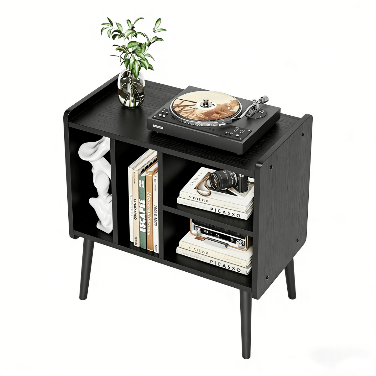 Soporte para Tocadiscos, Soporte para hasta 200 álbumes, gabinete de Vinilo clásico con estantes extraíbles, Mesa de Reproductor de Discos con Altura Ajustable para Sala de Estar, recámara - Negro - Ver 1