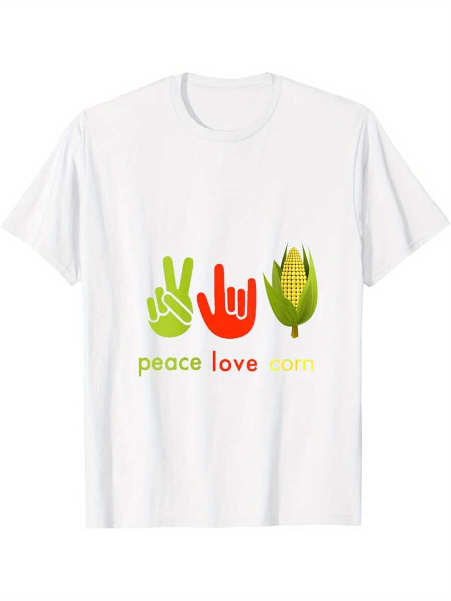 Funny Corn Farming Pattern T-Shirt For Men And Women - 100% Cotton 180g Heavyweight, Corn Design With Corn Stalk And Farmer's Hands, Casual Short Sleeve Crew Neck T-Shirt Suitable For Corn Enthusiasts, Country Life Clothing, Machine Washable, All Seasons, Funny Quote T-Shirt For Adults, Peace And Love Corn V-Neck Style, Bright Corn Theme Graphics, Loose Fit Suitable For Daily Wear - 白色 - 查看 1