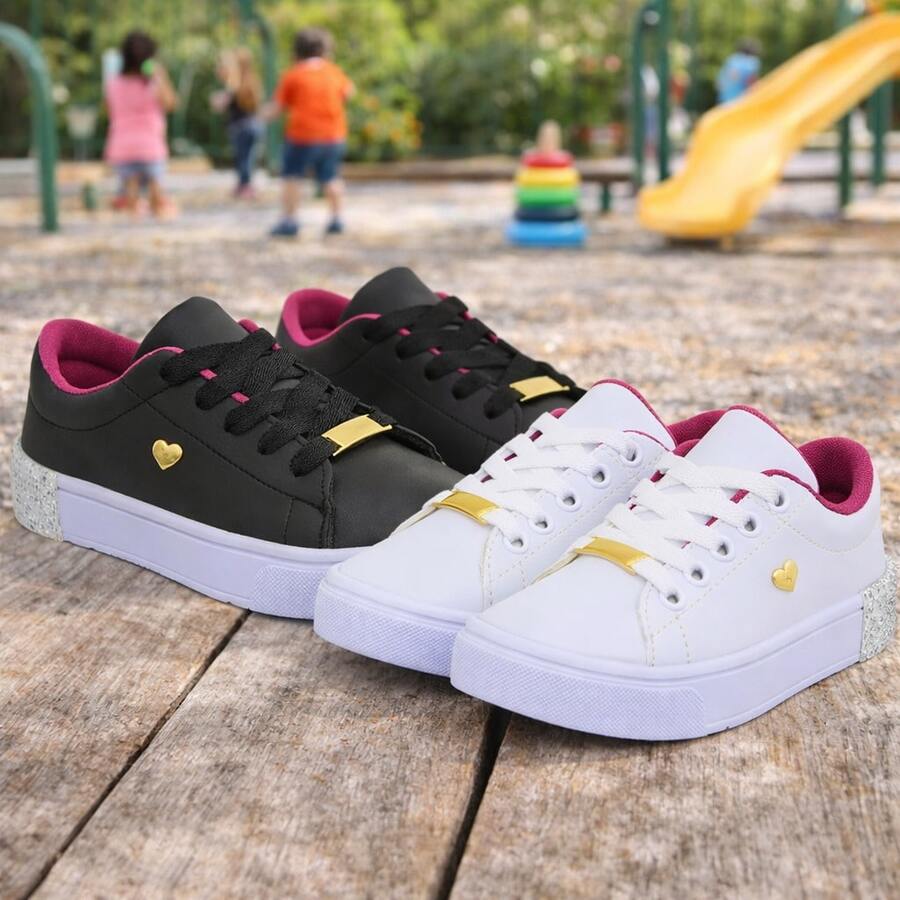 Kit Tênis Infantil Masculino Menino Confortável Colegial Casual Escolar Antiderrapante Leve - Preto e Branco - Visão 1