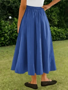 Womens Boho High Waist A-Line Midi Skirt Casual Flowy Pleated Swing Long Skirt With Pockets Summer Fashion Outfit - 藍色 - 查看 2