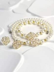 4pcs Jewelry Set: 1 Pair Earrings, 1 Necklace, 1 Bracelet, Elegant Women's Vintage Faux Pearl Necklace And Earrings Set, Exquisite Design, Suitable For Banquet, Daily Wear, Gifts For Festivals - Multicolor - View 2
