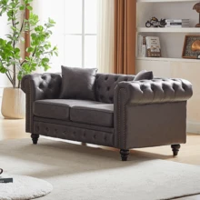 63.5 Inch Mid Century Modern Chesterfield Sofa Couch For Living Room, Upholstered Button Tufted PU Leather Loveseat Sofa W/Nailhead Trim&Roll Armrest, Comfy Deep Seat Sofas Couch For Bedroom, Office - 灰色 - 查看 2