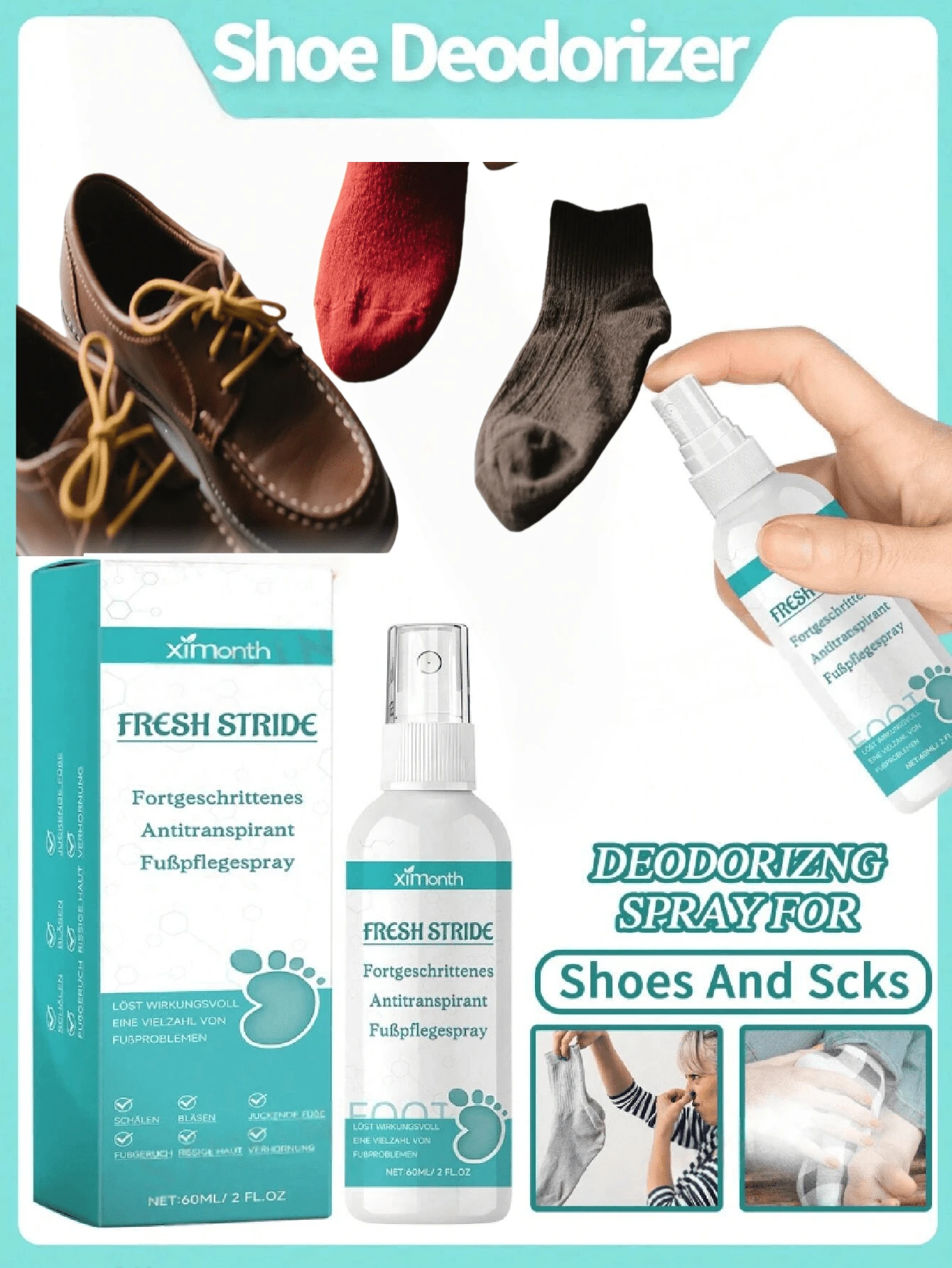 60ml Schuh- & Socken Geruchsentferner Spray, desodoriert, verhindert Schwitzen, beseitigt Fußgeruch, Schuh Geruchsentferner, entfernt Gerüche - Liquida - Übersicht 1