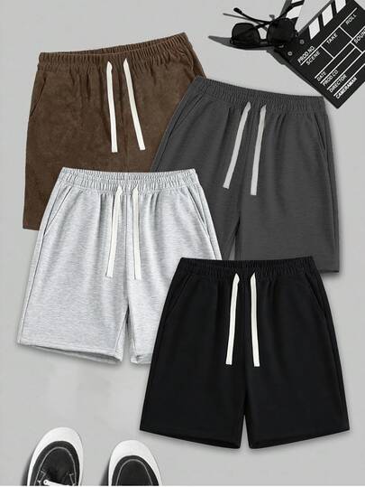 1pc Men's Black Solid Color Contrast Drawstring Casual Shorts, Made Of Polyester Fabric That Is Wrinkle-Resistant And Can Be Worn Without Ironing After Machine Washing, Suitable For Commuting And Light Outings; The Contrast Drawstring Waistband Is Both Practical (Adjustable Tightness) And Stylish, With Hidden Side Pockets To Securely Hold Your Phone, Keys, And Other Daily Essentials.