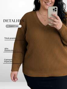 Women's Plus Size Knit Blouse With V-Neck, Long Sleeve, Basic Winter/Cold Weather, Casual Knit - Lạc đà - Xem 5