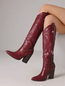 Women Knee High Western Cowboy Boots Embroidered Cowgirl Boots Studded Tall Boots Block Heel Pointed Toe Western Style Country Concert Rodeo Festival Fall Winter Outfit Boots - Burgundy - View 5