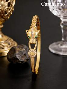 Camhanno 1 Piece - Cheetah Head Bronze Bracelet, The Gold Plating Process Makes The Zirconia Sparkle, The Green-Eyed Cheetah Has A Cool And Stylish Aura, And Is The Perfect Finishing Touch To Your Personal Style. - Gold - View 8