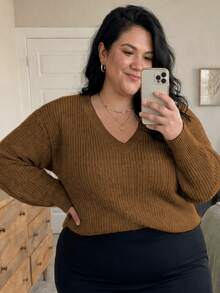 Women's Plus Size Knit Blouse With V-Neck, Long Sleeve, Basic Winter/Cold Weather, Casual Knit - Lạc đà - Xem 6