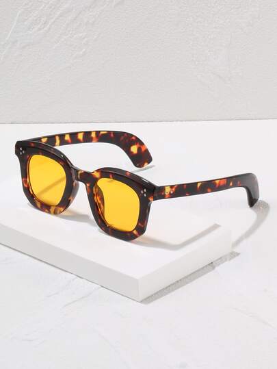 1pc Thick Frame Leopard Print Contrast Color Rivet Decor Women's Fashion Glasses, Tortoiseshell, European & American Style, Suitable For Autumn/Winter Daily Matching, Versatile Design