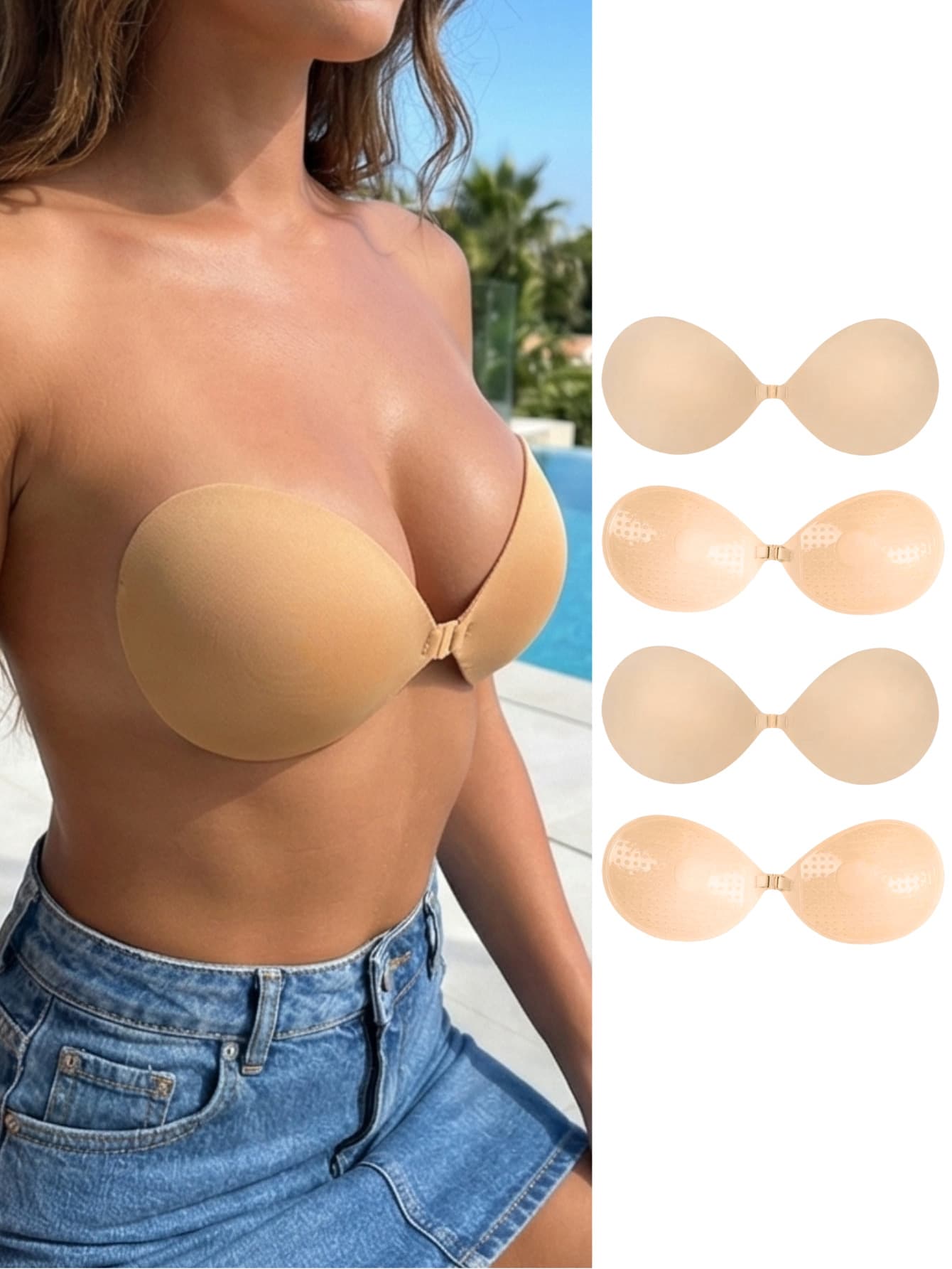 Women's Skin-Tone Strapless Lift-Up Bra, Front Closure Design, Knitted Fabric, Reusable, Self-Adhesive - Apricot - View 1