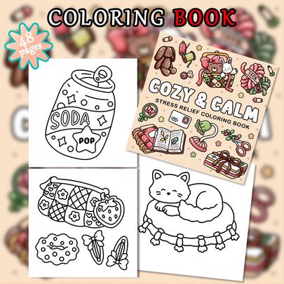 48 Pages - 220g, Warm Healing Stress Relief Coloring Book, Cute Healing Style, Adorable Plush Doll Healing Small Items, Warm Brown Contrast Cover, Stress Relief & Parent-Child Interaction, Healing Coloring Book Suitable For Stationery, School Supplies, Suitable As A Gift For Girls, Valentine's Day, New Year
