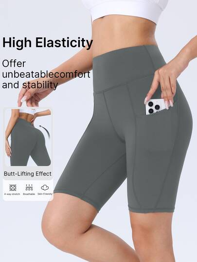 1 pieza Pantalones cortos de ciclismo para mujer, pantalones cortos deportivos, mallas ajustadas de cintura alta, pantalones de yoga, mallas para correr, con bolsillos, elásticos, suaves, transpirables, que absorben la humedad, adecuados para gimnasio, pilates, yoga, deportes al aire libre, correr, ciclismo, golf, deportes, uso casual