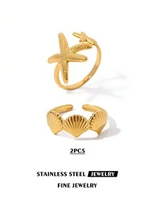 2件/4件套时尚海星贝壳不锈钢戒指套装，女士珠宝配饰，适合休闲和度假风格 - 海洋系列 - 查看 5