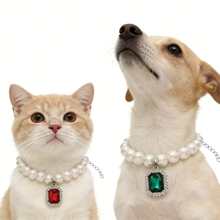 2pcs Luxury Pet Collar, Dog Necklace - British Style Red + Green Square Pendant, Cat/Dog Faux Pearl Necklace Accessory - Multicolor - View 10