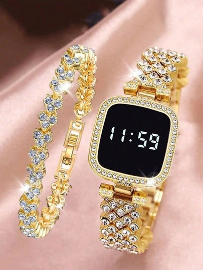 Set de 2 piezas: Reloj de cuarzo con esfera cuadrada de alta calidad y con diamantes de imitación para adolescentes + Pulsera con diamantes de imitación, adecuado para regalos de cumpleaños, aniversario, Navidad y otras festividades