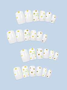 24片春夏白色菊花图案按压式假指甲，日常佩戴的完美美甲套装 - 彩色 - 查看 4