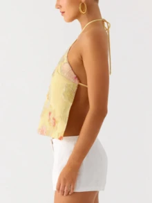 Womens Floral Slim Fit Camisole Tank Top Vest Y2k Graphic Floral Print Summer Sleeveless Going Out Aesthetic Cami Shirts Crop Tops - Yellow - View 6