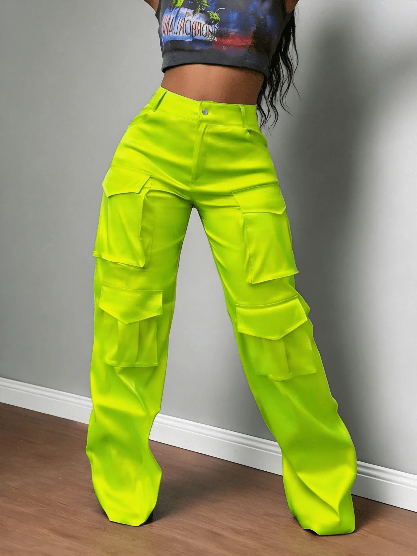 Plus-Size Women's High-Waist Wide-Leg Cargo Pants, Featuring Bold Multi-Pocket Multifunction Design, Perfect For Street Style And Festival Looks - Màu xanh chanh - Xem 1