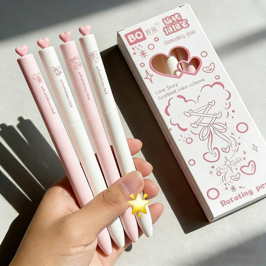 4pcs Heart-Shaped Rotating Neutral Pens | Pink Novelty Pens, 0.5mm Quick-Drying Ink, Ballpoint Pens, Suitable For Love Letters, Valentine's Day And Romantic Diaries - 4pcs - View 1