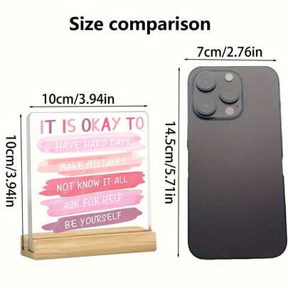 1件装温柔疗愈亚克力方形桌面摆件，采用透明亚克力材质，饰以粉紫色渐变笔触，并印有“IT IS OKAY TO…”自我接纳的温暖文字、舒缓的配色和抚慰人心的语录。