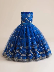 少女刺繡網紗長款華麗禮服，適合學校舞會與晚宴活動，不含髮箍 - 藍色 - 查看 2