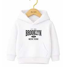 Kids' Kangaroo Hoodie With Brooklyn USA Print, New 2021 Style, , Foreign Style, Casual Winter Sweatshirt - 白色的 - 查看 1