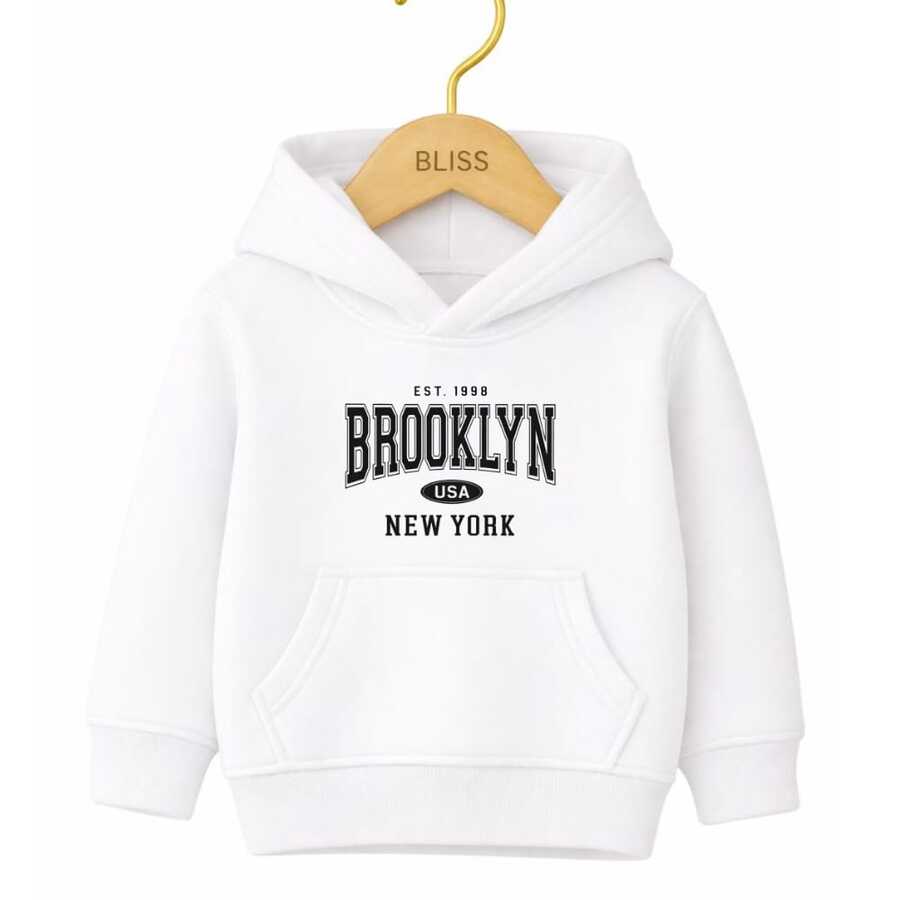 Kids' Kangaroo Hoodie With Brooklyn USA Print, New 2021 Style, , Foreign Style, Casual Winter Sweatshirt - 白色的 - 查看 1