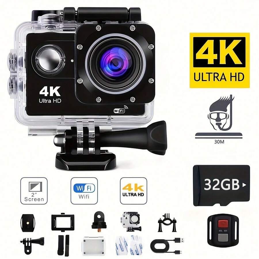 Explorer's Choice: 4K Ultra HD WIFI Action Camera, 170° Wide Angle, 2" Screen, 32GB Memory Card, Anti-Shake For Cycling, Swimming, Climbing, Skiing & Other Outdoor Sports - Ideal Valentine's Day & New Year Gift - 黑色 - 查看 1
