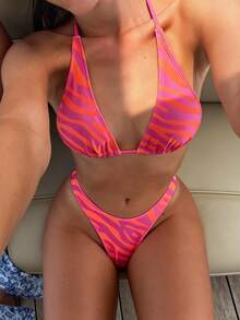 女士斑马纹露背系带沙滩度假比基尼套装 - 彩色 - 查看 4