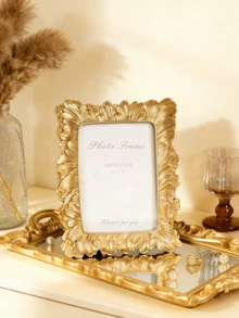 1pc Large Petal-Shaped Resin Photo Frame Stand, Vintage Style Resin Frame, Decorated With Succulents And Golden Palm Leaf Texture, Elegant Retro Design, Suitable For Wall And Tabletop Display - Multicolor - View 3
