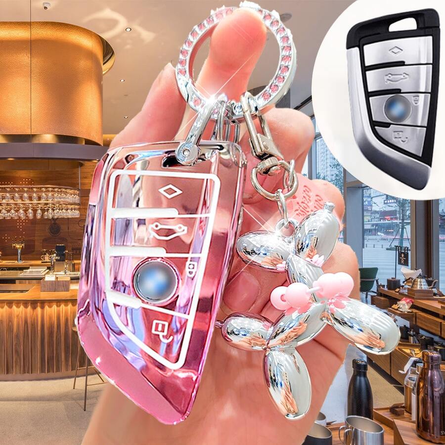 BMW Autoschlüssel Fob Hülle Set, Farbverlauf Rosa Schlüsselhalter, schützt Ihren Autoschlüssel, verchromter Welpen Anhänger, Strass Schlüsselanhänger, passend für BMW 2/3/5/6/7 Serie, X1 X2 X3 X5 X6 - Robustes Design, praktische Schlüsseltasche, geeignet für BMW Enthusiasten - A - Übersicht 1