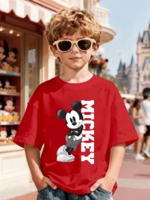 Disney Letter Mickey Double-Sided Print, Summer Boys' Casual Cotton Round Neck Short Sleeved Top, Suitable For Daily Wear, Travel And Sports, Comfortable And Breathable, Fashionable And Multifunctional, Is The Perfect Gift For Children. - 紅色 - 查看 2
