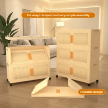 Foldable 2/3/4/5-Tier Storage Cabinet With Wheels | No-Assembly Dustproof Organizer | Large Capacity For Bedroom/Living Room - Apricot - View 5