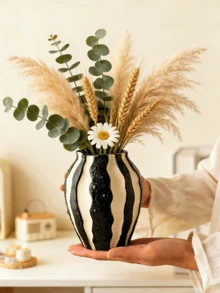 1 Bình gốm họa tiết sọc đen trắng phong cách Bohemian kèm hoa tươi - Bình hoa nhỏ hiện đại thích hợp cắm cỏ lau, trang trí nhà cửa cho phòng khách, bàn cà phê hoặc kệ sách, quà tặng, trang trí phòng khách | Bình phong cách Bohemian | Bình có vân sọc, bình trang trí - Nhiều màu - Xem 4